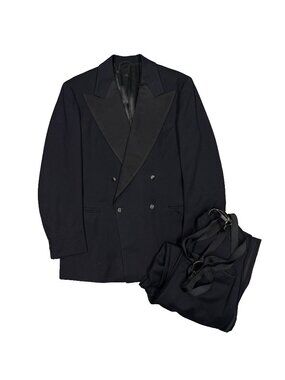 Vintage Bespoke 1940s Tuxedo Double Breasted 2pc Black Peak Lapel 38R 30x32